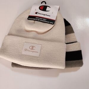 Champion Mens 2-Pack Beanie Set - Cream & Black/Tan Stripe